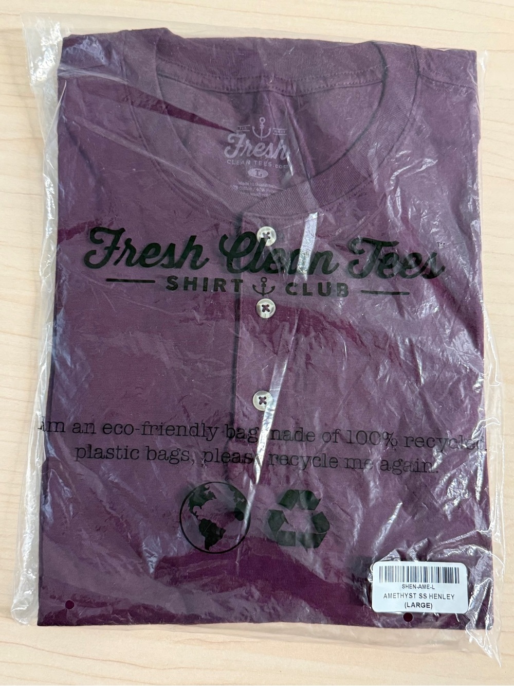 NWT Men’s Fresh Clean Tees Amethyst Short Sleeve Henley Shirt, Large